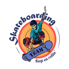 Skateboarding flat label. Colored skateboard tattoo with skull, skeleton, tire of wheel and angel wings vector illustration. Male beauty