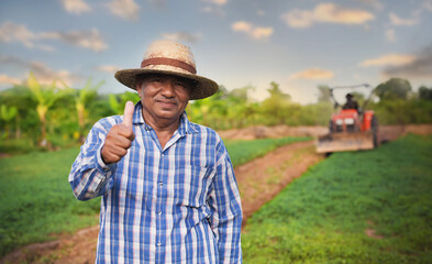 Smiling senior agriculture, thumbs up while standing at the garden with agricultural workers with tractor background.