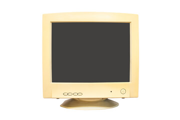 Front view of old computer monitor with clipping path isolated on white background, blank computer screen