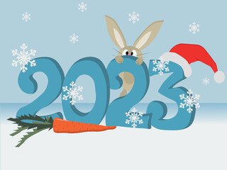 Obraz premium Vector image of 2023 with cute bunny and snowflakes.