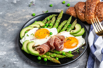 Breakfast table with fried egg with asparagus spears and prosciutto. ketogenic diet lunch. Ketogenic diet. Low carb high fat breakfast, top view