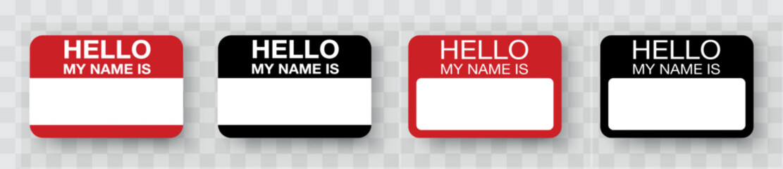 Hello, my name is introduction red flat label. Hello my name is sticker tag vector. Hello my name is card, Label sticker, introduce badge welcome.