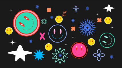 Happy smile faces seamless pattern in trendy funky y2k style. Colorful circle stickers, character icons endless background. Vector illustration in 90s graphic for fabric, print, textile, presentation.