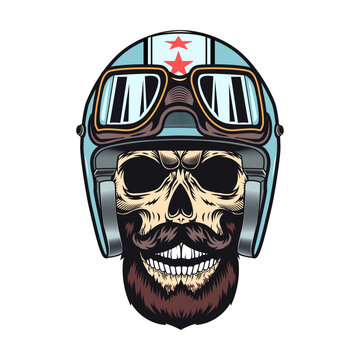 Skull in helmet. Motorcyclist hat with horns and googles, symbol. Vector illustration for tattoo templates, emblem