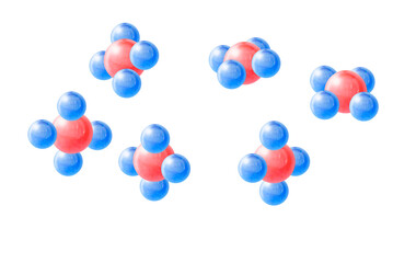 Molecules of three atoms like methane from different views, concept of chemistry, spherical model