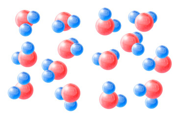 Molecules of three atoms like water or carbon dioxide from different views, concept of chemistry, spherical model
