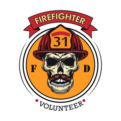Fototapeta premium Firefighter patch. Badges with skull in helmet, axes, hydrant, red heraldry with ribbons. Vector fire department