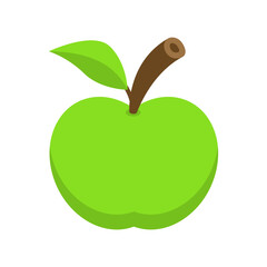 Green whole apple fruit with branch and green leaf.