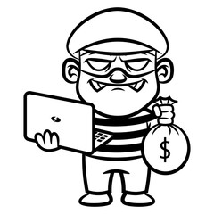 A Man hacking an information system with laptop and get a lot of money, best for mascot, logo, and coloring book with cyber crime themes