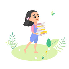 Little smart girl with stack of books. Self education concept. Cartoon vector illustration
