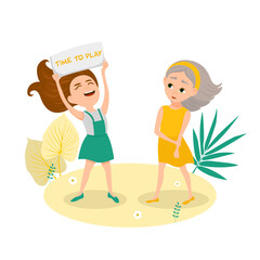 A girl is holding a piece of paper with the text Time to play, the other girl is looking at her