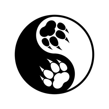 Two black and white paw prints with claws and yin yang symbol. Vector logo. Isolated illustration on white background.