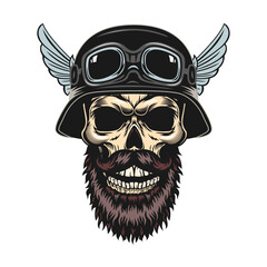 Colored biker skulls in helmet. Motorcyclist hats with horns and googles, vintage rock symbols. Vector illustration for tattoo templates, bikers club emblems