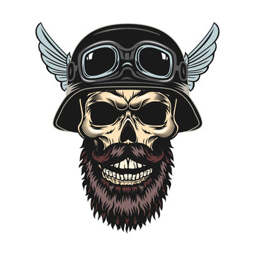 Colored biker skulls in helmet. Motorcyclist hats with horns and googles, vintage rock symbols. Vector illustration for tattoo templates, bikers club emblems
