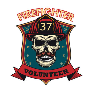 Firefighter patch. Badges with skulls in helmets, axes, hydrant, red heraldry with ribbons. Colored vector illustration for firemen, fire department, rescue concept