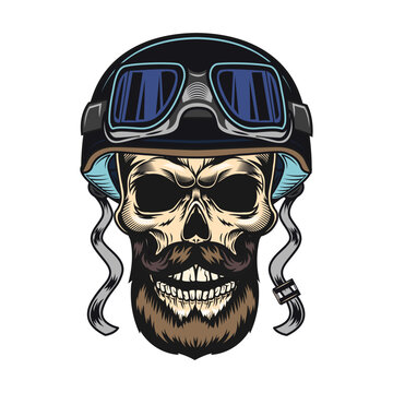 Skull in helmet. Motorcyclist hats with horns and googles, vintage rock symbols. Vector illustration for tattoo templates, bikers club emblems