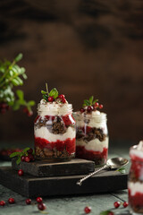 Latvian, scandinavian traditional rye whole grain bread layered dessert with whipped cream and...