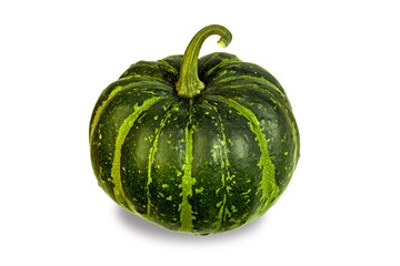 Beautiful striped decorative green pumpkin isolated on white background.