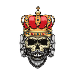 Dead king heads for isolated tattoo vector illustration. Monarchy, death and design concept. Skull in crown flat illustration