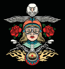 Obraz premium motorcycle girl. Illustration design surrounded by eagle, wings and roses. 