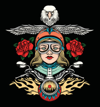 motorcycle girl. Illustration design surrounded by eagle, wings and roses. 