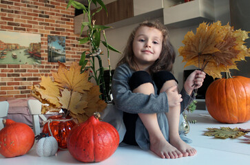 A little girl is sitting among pumpkins with a bouquet of dried maple leaves in her hands, preparing for the Halloween holiday, home and street decor.