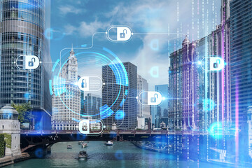 Panorama cityscape of Chicago downtown and Riverwalk, boardwalk with bridges at day time, Chicago, Illinois, USA. Decentralized economy. Blockchain, cryptography and cryptocurrency concept, hologram