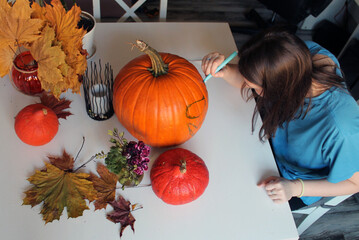 A brunette with long hair makes a sketch on a pumpkin, preparing for the Halloween holiday, making Jack's lamp for the autumn holiday, All Saints' Day, top view