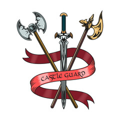 Medieval knight accessories. Axes illustration isolated on beige background. For military, fight, or sport team label templates