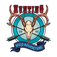 Animal hunting sign. Colored hunting club labels and shields with crossed guns, skull, deer or hunter dog vector illustration. Nature and wild adventure concept