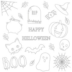 doodle
 HALLOWEEN
pumpkin
skeleton
cat
a witch
ghost
happy halloween
grave
spider
web