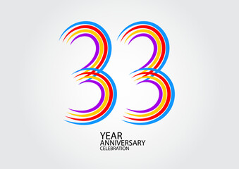 33 years anniversary celebration logotype colorful line vector, 33th birthday logo, 33 number design, Banner template, logo number elements for invitation card, poster, t-shirt.