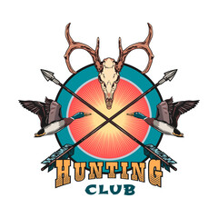 Animal hunting sign. Hunting club label and shields with crossed guns, skull, deer or hunter dog vector illustration. Nature and wild adventure