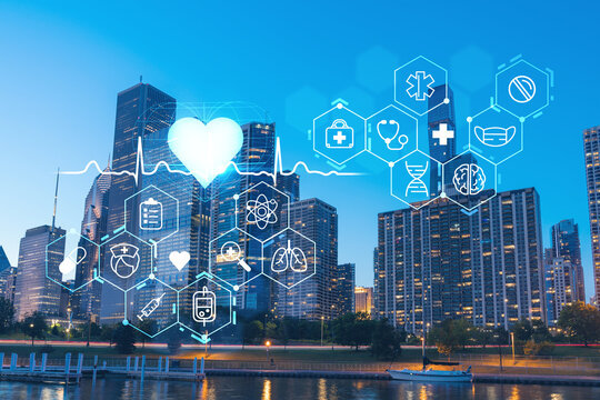 Downtown skyscrapers city view of Chicago, skyline panorama over Lake Michigan, harbor area, sunset, Illinois, USA. Health care digital medicine hologram. Concept of treatment and disease prevention