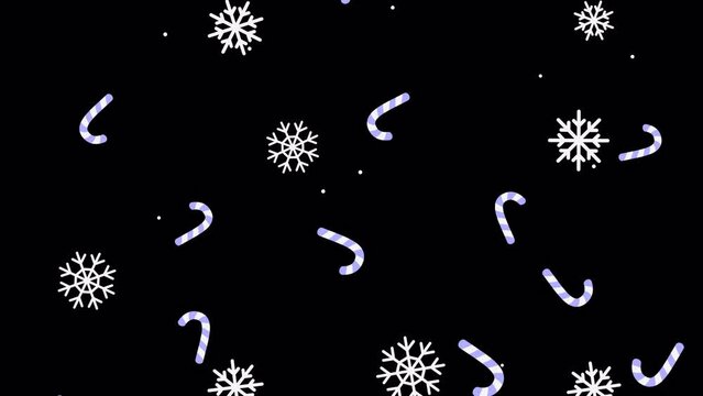 Christmas and New Year animation with ALPHA channel. Candy cane and snowflakes falling down on transparent background. winter holidays. candies decoration Looped animation, cartoon style stock footage