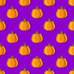 Pumpkins seamless pattern in pixel art style. Thanksgiving background in etro style. Autumn pattern with 8 bit pumpkin. Design for print wrapping paper, fabric, wallpaper, packing. Vector illustration