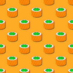 Pixel sushi seamless pattern. 8-bit sushi roll with salmon. Pixel art japan traditional food. Japanese cuisine. Oriental design for fabric, wallpaper, wrapping paper, packing. Vector illustration