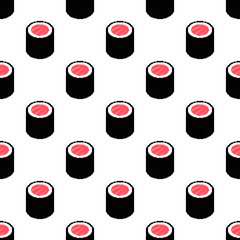 Pixel sushi seamless pattern. 8-bit sushi roll with salmon. Pixel art japan traditional food. Japanese cuisine. Oriental design for fabric, wallpaper, wrapping paper, packing. Vector illustration