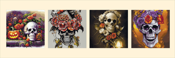 Dag van de dode schedels en bloemen, vintage vector illustratie set van vier vierkante posters. Uitstekende bloemenschedel voor de herfstvakantie van Halloween.