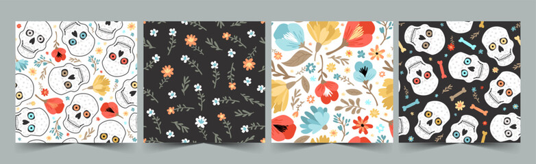 Vector set of seamless patterns for the day of the dead. Colorful cute illustrations with skull and flowers in trendy colors. For fabric, wallpaper, wrapping paper.