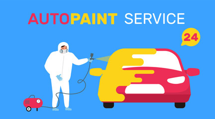 auto paint service repair man using airbrush spraying paint on car vector illustration