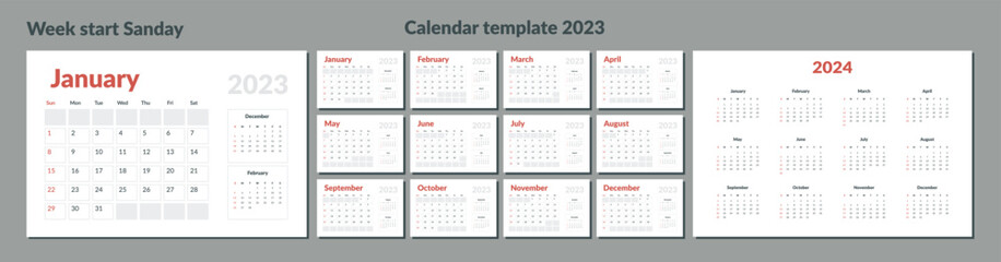 2023-2024 Calendar Planner Template. Vector layout of a wall or desk simple calendar with week start sunday. Calendar grid in grey color for print