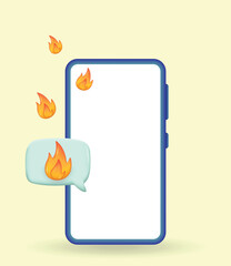 3D Like message with FIre icon in Smartphone Isolated. Social Media Notification Button. Hot Like Symbol in Rounded Pin. Rendering Chat Balloon Pin. Social Network Media App. Realistic Vector