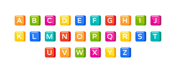 Alphabet letters, font for kids education in school or kindergarten. Bright colorful type with characters on play blocks. Square game buttons with typography symbols, vector cartoon set