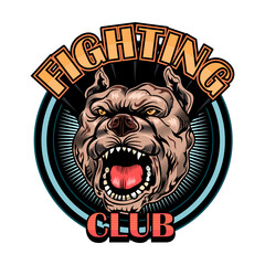 Fight club with fist label. Boxing and fighting club emblem with angry dog isolated vector illustration. Kickboxing, sport, martial arts and design element