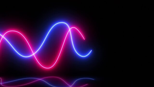 Neon Line Waves curve effect horizontal, shiny motion concept, background design, futuristic glowing graphic, neon ray, smooth rippled, sparkle spotlight, vibrant wave, blue bright energy