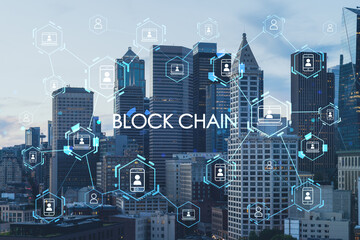 Seattle aerial skyline panorama of downtown at day time, Washington USA. Decentralized economy. Blockchain, cryptography and cryptocurrency concept, hologram