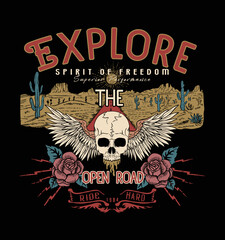 Explore the open road.skull roses and desert landscape .eps.10 vector.