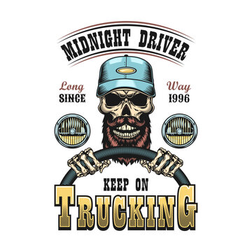 Driver emblem. Bearded skulls in caps holding steering wheel or spanners with keep on trucking or diesel brother text. Vector illustrations for shipping, trucker community concept