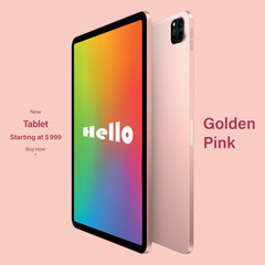 tablet pink color with colored touch screen saver and backside view isolated on rose background. mockup of realistic and detailed device. vector 3d isometric illustration